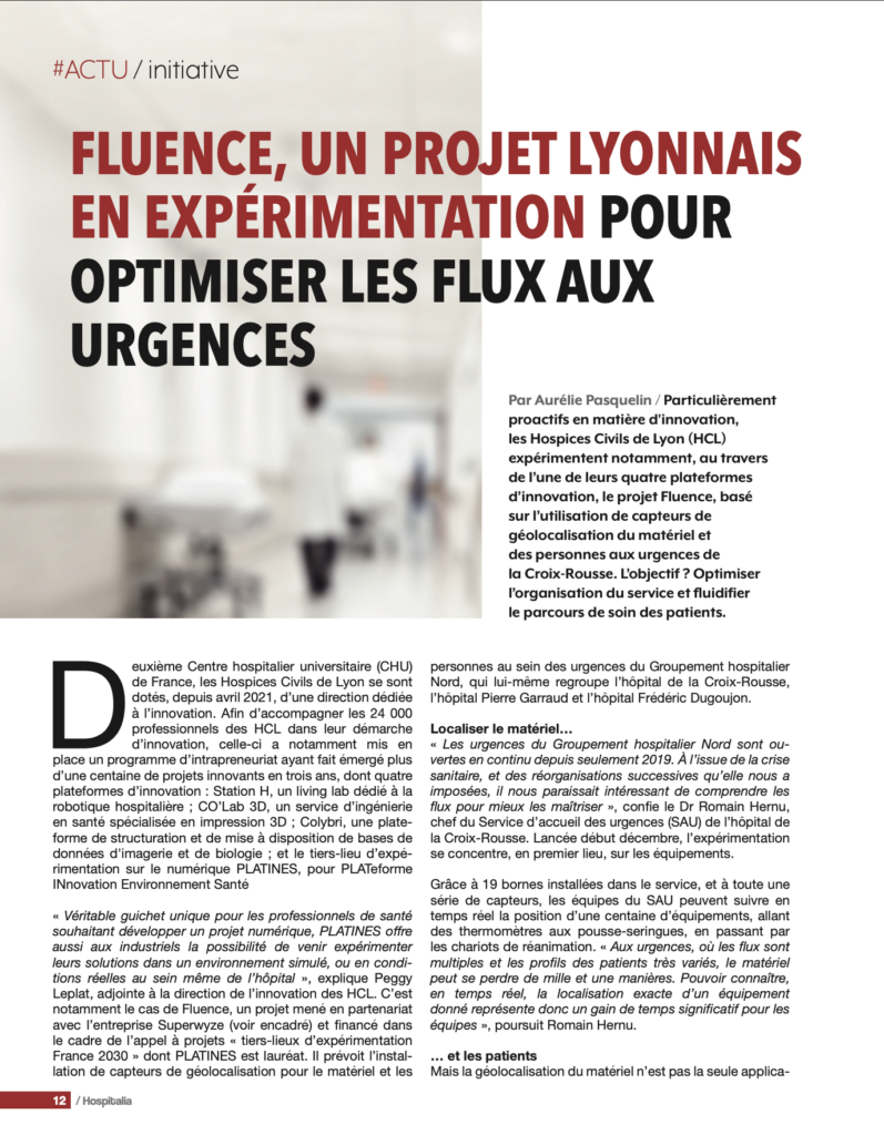 Une page d'article du magazine Hospitalia, présentant le projet Fluence, une initiative des Hospices Civils de Lyon pour optimiser les flux aux urgences avec des capteurs de géolocalisation.