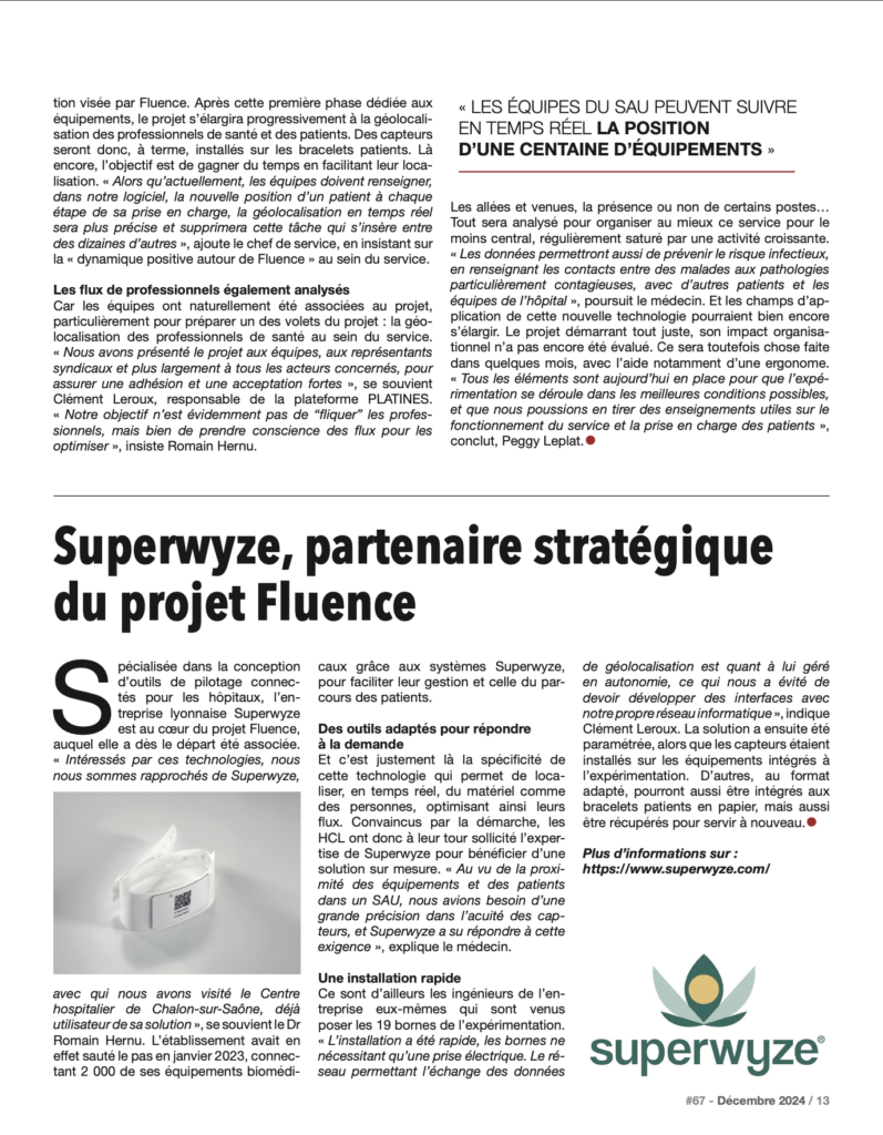 Page d'article du magazine Hospitalia, présentant Superwyze comme partenaire stratégique du projet Fluence, avec des détails sur l'installation et les bénéfices de la géolocalisation pour les urgences hospitalières.